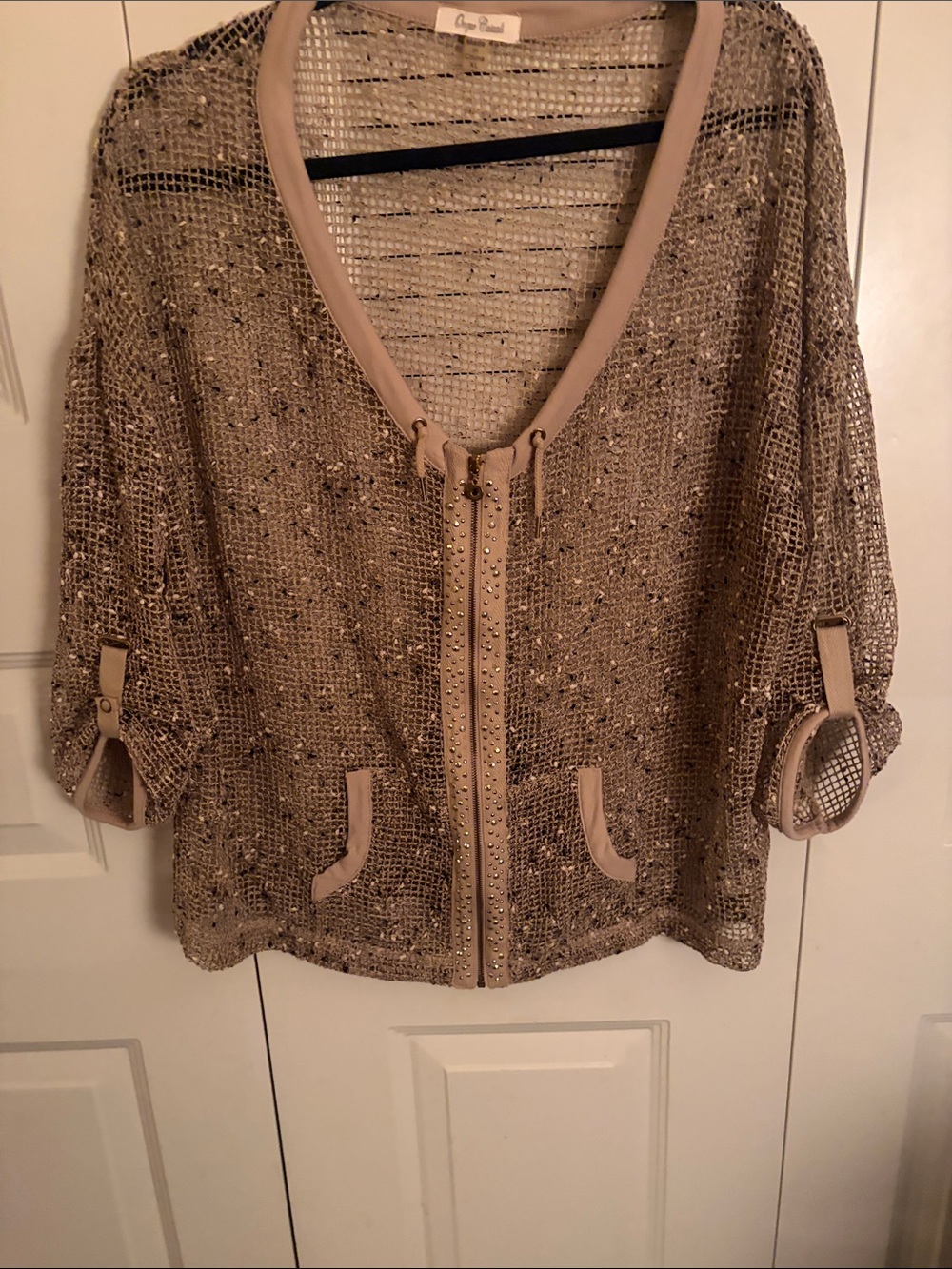 Onque Casuals Taupe Open-Weave Zip Front Cardigan with Stud Accents